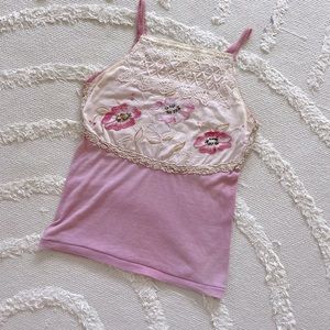 Vintage Fabric Appliqué on a Cotton Tank, Beautiful Embroidery Detail, Size S
